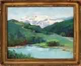 Lot#2024, CHARLES P. ADAMS, OIL ON ARTIST BOARD, H 8", L 10", SUMMER LANDSCAPE.Charles Partridge Adams [American, 1858-1942].  Depicting a lake in the foreground, foothills and a snow capped mountain in the background.  Signed lower left.  Framed.