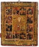 Lot#2031, RUSSIAN NOVGOROD SCHOOL STYLE HAND PAINTED WOOD PANEL CALENDAR ICON, 18TH/19TH C., H 11.75", L 14.25"ID label on verso.