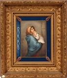 Lot#2033, DRESDEN PAINTING ON PORCELAIN, YOUNG WOMAN HOLDING SLEEPING BABY, C. 1900, H 7", W 5"Signed "Miller" lower right; gilt frame.