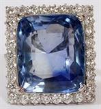 Lot#2048, GIA 30.42CT NATURAL BLUE SAPPHIRE & 1.40CT DIAMOND & PLATINUM RING, H 15/16" W 7/8", SIZE 8,,A GIA 30.42ct step cut natural, no heat blue sapphire, surrounded by 1.40ct diamonds set in a platinum band.  GIA certified, report 2155213262.  The side diamonds are F-color and VS-1 clarity.  Weighing approximately 18.9 grams.