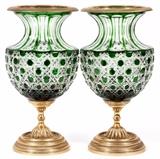 Lot#2070, MARTIN BENITO, FRENCH CUT CRYSTAL AND BRONZE URNS, PAIR, H 13 3/4",Green and clear crystal. Bronze rim and base. Signed and stamped.