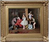 Lot#2088,VITTORIO RIGNANO (ITALIAN, 1860-1916) OIL ON CANVAS, H 22", W 28", "THE PERFORMERS"Dusseldorf canvas. Signed lower right and framed.  Hardy Man canvas materials stamp.  Italian, 1860-1916.