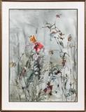 Lot#2105, RICHARD JERZY (AMERICAN, 1943-2001), WATERCOLOR ON PAPER, 31 1/2" X 28", INSECTS AMONG FLOWERS..Depicting a grasshopper and butterflies on flowering stems.  Signed "R. Jerzy" lower left, double matted under glass in a contemporary wood frame with Birmingham Gallery label on the reverse (see additional photos).  Overall framed size 46 3/4" x 36".  Richard Jerzy, American, 1943-2001.