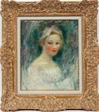 Lot#2114, ABEL FAIVRE (FRENCH, 1867-1945), OIL ON CANVAS, H 18", W 15", PORTRAIT OF A YOUNG GIRL.Signed center right; gilt period frame.  Unidentified label on verso inscribed,  "Av. Kleber Pour Keely" and another one marked "vendu le 15/01/95" (Avenue Kleber for Keely, sold Jan. 15, 1895).