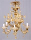 Lot#2183, ARTIST SIGNED AND NUMBERED, VENETIAN MURANO ART GLASS NINE ARM CHANDELIER, (1) H 32", DIA 27"Having daffodils; accented with bell form prisms. Italy.  -  See additional, Color Pictures.