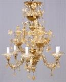 Lot#2184, SIGNED PAULA' VENETIAN MURANO ART GLASS NINE ARM CHANDELIER, H 32", DIA 27"Having daffodils; hung with bell form prisms. Italy.  -  See additional Color pictures.