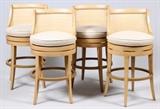 Lot#2247, LEXINGTON FOR TOMMY BAHAMA UPHOLSTERED SWIVEL BAR STOOLS, 4 PIECES, H 42", W 22"Each having a woven cane back with a faux finish metal frame.  Designer label reads 'Tommy Bahama'.