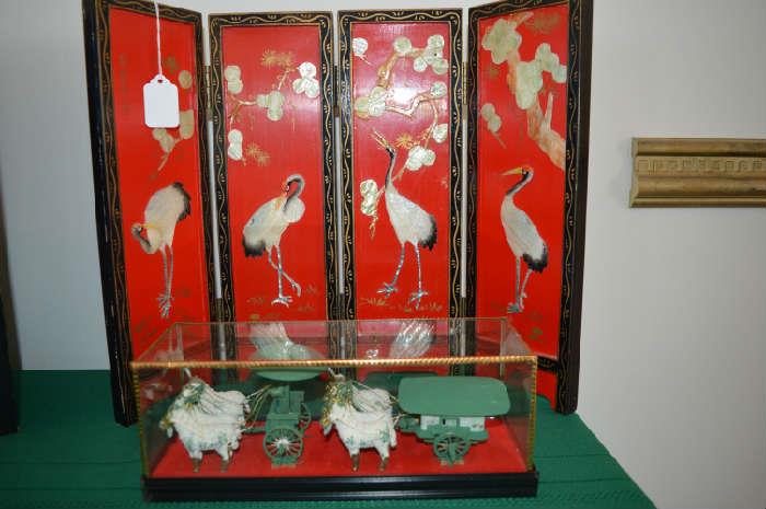 Red Lacquer 4 panel table screen - Model of Chinese Horses and Carriages