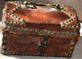 Very early leather tooled document box with brass handle. Early 19th century and possibly 18th century