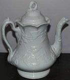 Truly exceptional Ironstone Coffeepot with molded relief of Morning Glories. Marked Adams underneath