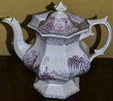 Purple transfer decorated Ironstone Coffeepot. Spider hairline as seen in photo, otherwise in good condition