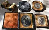 Tin types and pair of mother of pearl Opra Glasses