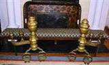 Pair of early brass andirons, Georgian, ca. 1840-70. Needlepoint covered pew bench. Antique tole tray