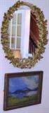 Framed Victorian oval mirror and small oil on board of water scene