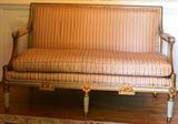 Italian style painted settee with checked silk upholstery and loose cushion