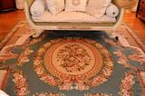 Approx. 9 1/2 x 13' needlepoint STUNNING teal and ivory Aubusson style rug.  Approx. 15 years old.