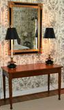 Antique Sheraton console table, pair of tole lamps (mirror not available)