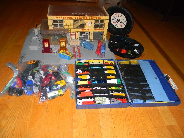 Matchbox, Hot Wheels, Johnny Lightening, Keystone Garage, also a Marx Freight Station & marbles & more toys to be photographed.