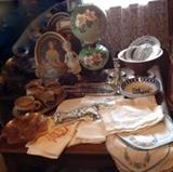 Antique gone with the wind lamp, president plate, linens (just a fraction), carnival glass and more