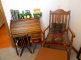vintage children readers, roll top desk, oak chair