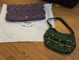 PURPLE PRADA TESSUTO CLUTCH BAG AND GUCCI GREEN LEATHER HORSEBIT BAG