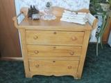 three drawer washstand & linens & oil lamp