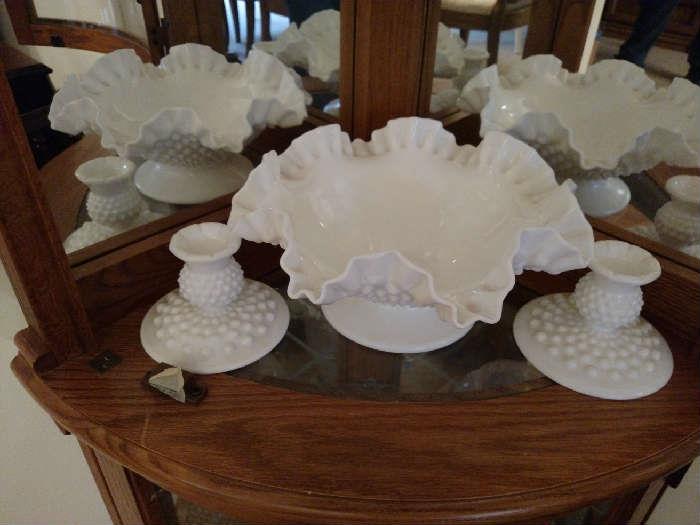 Milk glass bowl and candle sticks