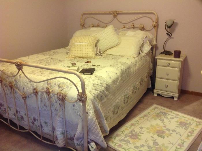 queen size headboard/footboard, mattress set and beautiful bedding