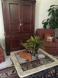 Entertainment armoire; two striped club chairs in red & gold; large glass top coffee table