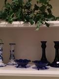 Blue and white candle holders; cobalt blue candle holders and bowls
