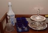 Cobalt Blue Shot / Cordial Glasses, Silver Plate Serving Pieces