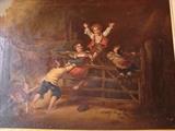 Antique oil on canvas of children playing on gate