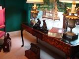 Long 19th century writing table with beautiful marquetry,