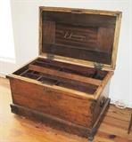 Interior of antique ship's carpenter's chest, showing the "J. Jennings" name inside the lid. Trays are original.