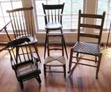 Several antique chairs, including a great 19th century painted highchair and child's rocker