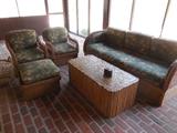 Rattan Wicker Patio or Indoor Sofa with Cushion, 2 Arm Chairs, Ottoman.Rattan Poles Cocktail Table..ITS HEAVY..