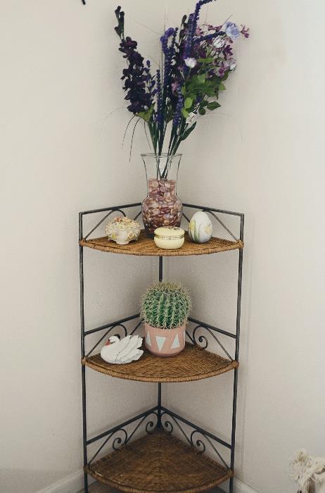 Iron Corner Table with Wicker Shelves