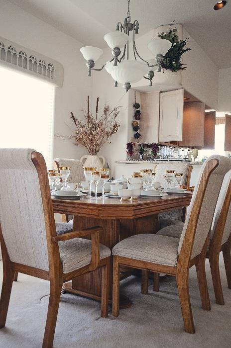 Oak Dining Table with 6 Chairs, Stemware and 8 pc Dining Set