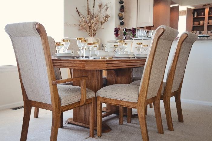 Oak Dining Table with 6 Chairs, Stemware and 8 pc Dining Set