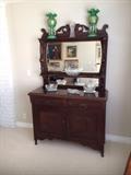 Antique Sideboard with detachable mirror.  Also pictured are two green antique lustres.  Cut glass not for sale.  