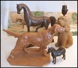 Dog lamp and sculptures, horses and two paint-by-numbers horse pictures