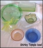 Colored glassware including Shirley Temple bowl