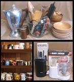 Kitchen utensils, cups, bowls, coffee maker, new coffee grinder, chopper, pepper mill and more