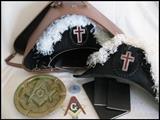 Masonic hats, emblems, books, hat case, etc