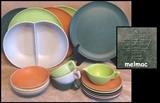 melmac dishes, cups, plates, divided vegetable server