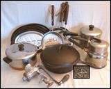 Pots, pans, cast iron with lid, barbecue pans, food grinder.