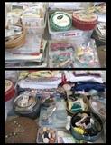 Lots 'o sewing notions, baskets, thread, material, patterns 