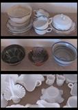 Dishes, stoneware, milk glass