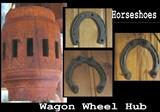 Two wagon wheel hubs, several horseshoes throughout the sale