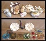 Porcelain and pottery figurines and dishes. Vintage ashtray collection including George Diamond, PrimaDona (Reno) and the Jade Restaurant in Kingman, Az